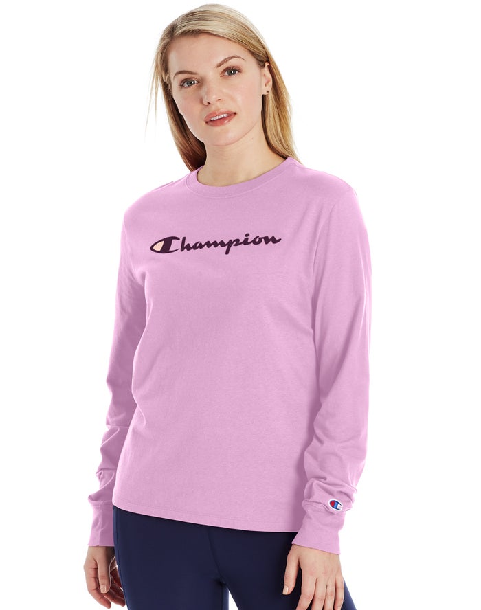 Tøj Butik - Lyserød Champion Classic Long-Sleeve Script Logo T-Shirts Dame